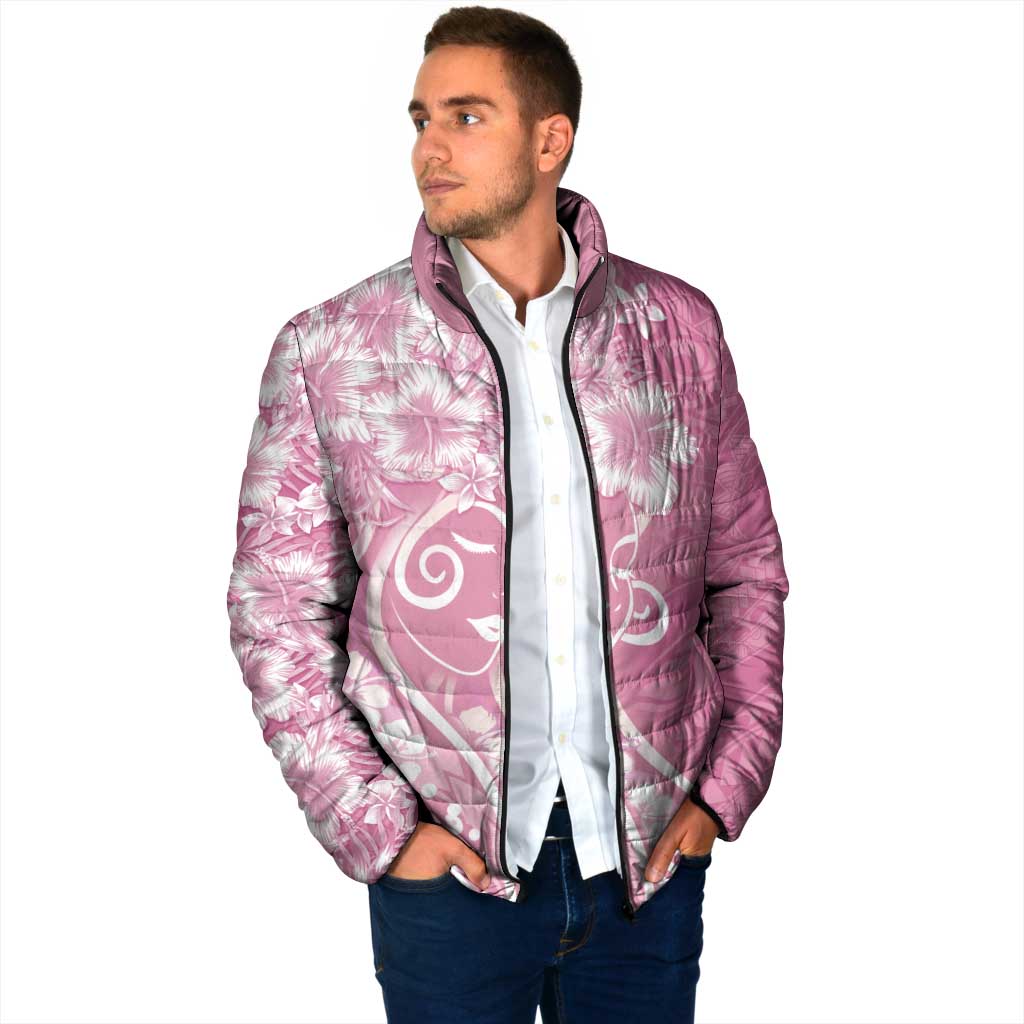 Polynesian Women's Day Padded Jacket Pink Hibiscus Flowers With Polynesian Pattern