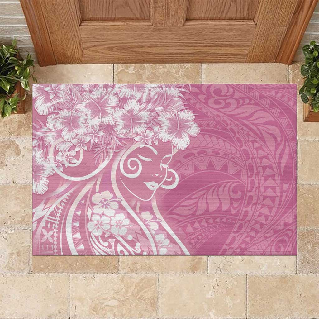 Polynesian Women's Day Rubber Doormat Pink Hibiscus Flowers With Polynesian Pattern