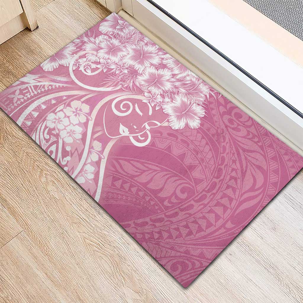 Polynesian Women's Day Rubber Doormat Pink Hibiscus Flowers With Polynesian Pattern