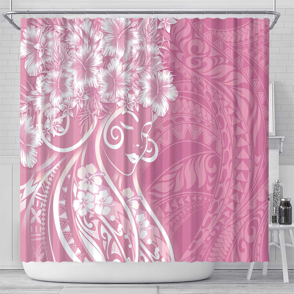 Polynesian Women's Day Shower Curtain Pink Hibiscus Flowers With Polynesian Pattern