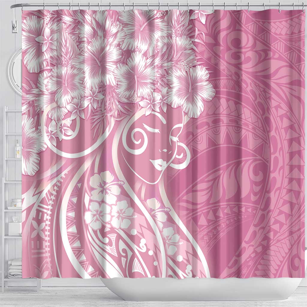 Polynesian Women's Day Shower Curtain Pink Hibiscus Flowers With Polynesian Pattern