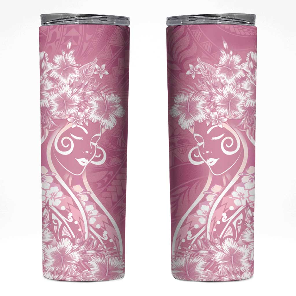 Polynesian Women's Day Skinny Tumbler Pink Hibiscus Flowers With Polynesian Pattern
