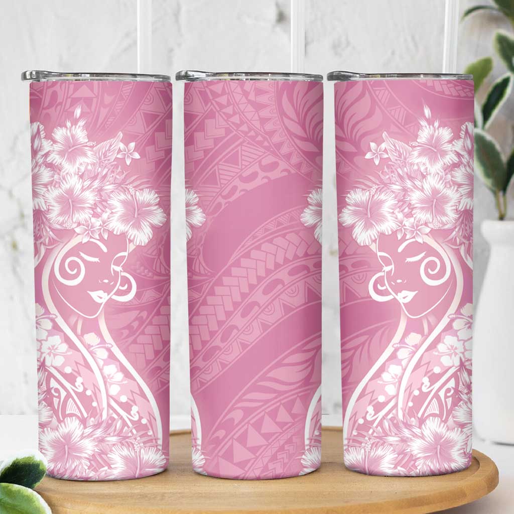 Polynesian Women's Day Skinny Tumbler Pink Hibiscus Flowers With Polynesian Pattern