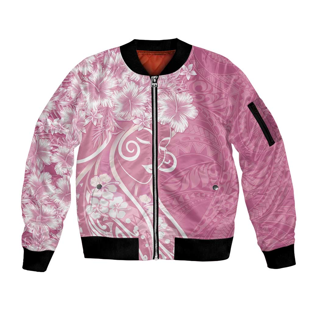 Polynesian Women's Day Sleeve Zip Bomber Jacket Pink Hibiscus Flowers With Polynesian Pattern