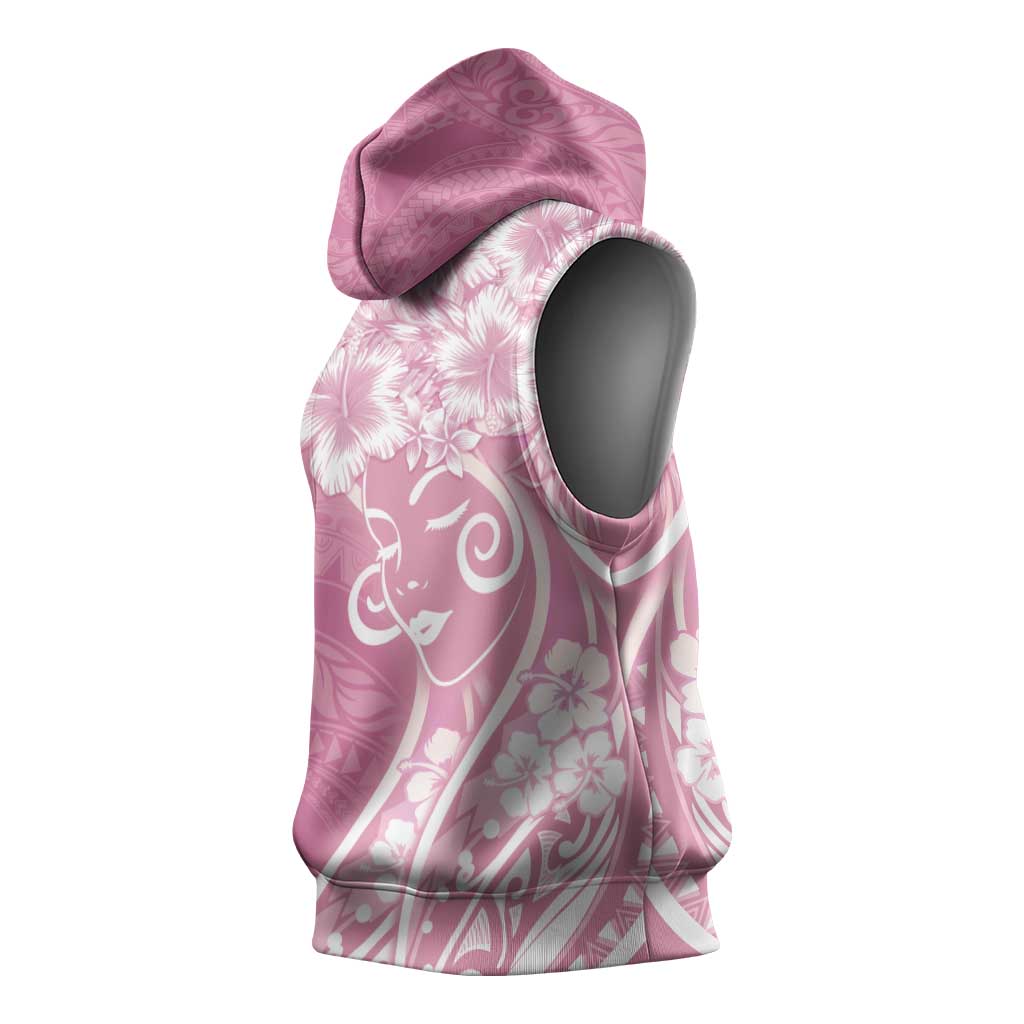 Polynesian Women's Day Sleeveless Hoodie Pink Hibiscus Flowers With Polynesian Pattern