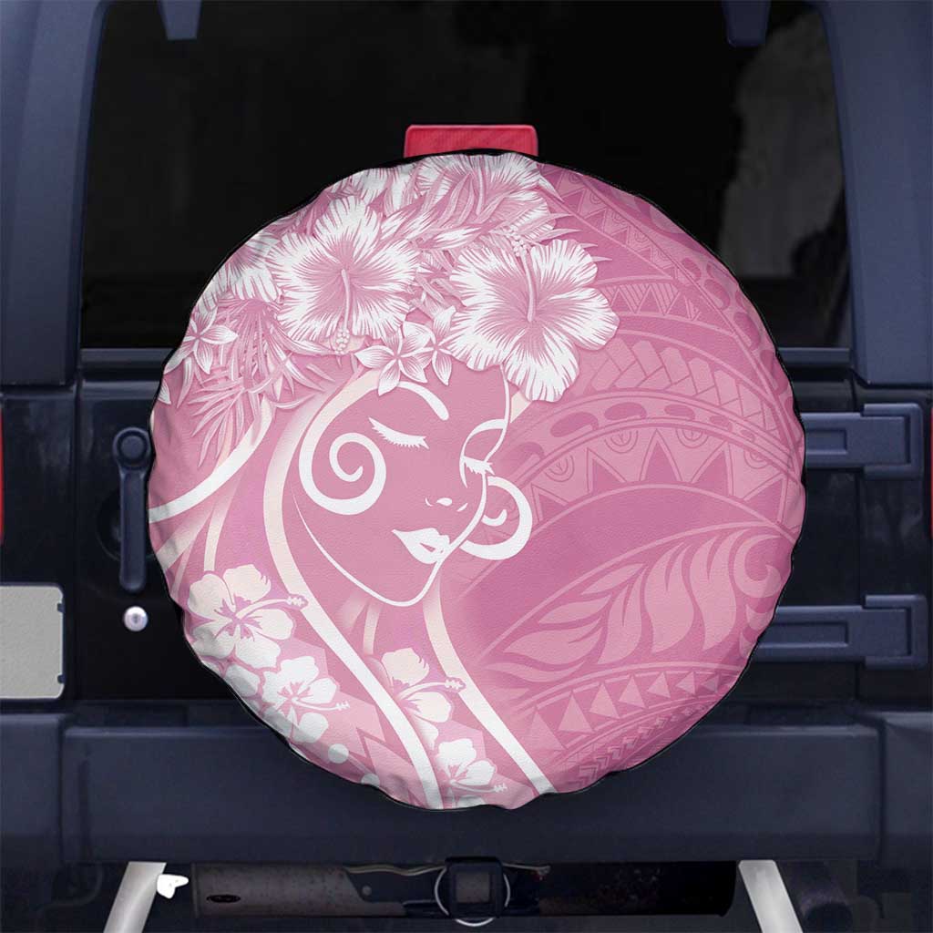 Polynesian Women's Day Spare Tire Cover Pink Hibiscus Flowers With Polynesian Pattern