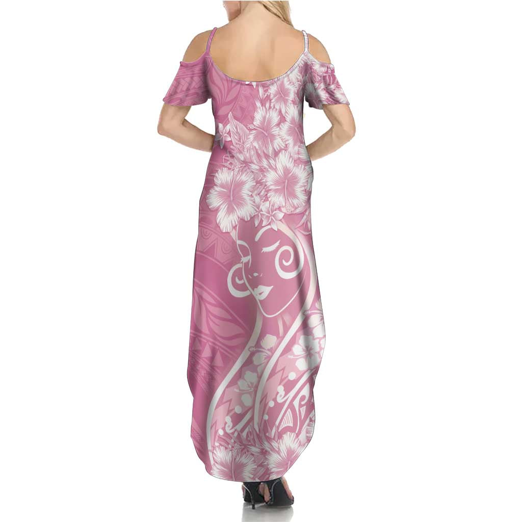 Polynesian Women's Day Summer Maxi Dress Pink Hibiscus Flowers With Polynesian Pattern