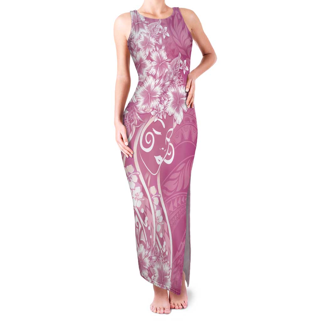 Polynesian Women's Day Tank Maxi Dress Pink Hibiscus Flowers With Polynesian Pattern