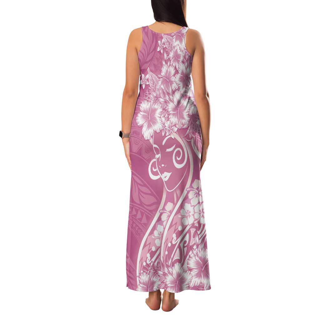 Polynesian Women's Day Tank Maxi Dress Pink Hibiscus Flowers With Polynesian Pattern