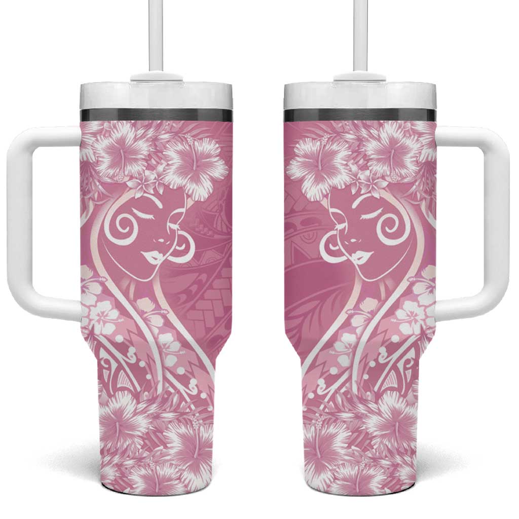 Polynesian Women's Day Tumbler With Handle Pink Hibiscus Flowers With Polynesian Pattern