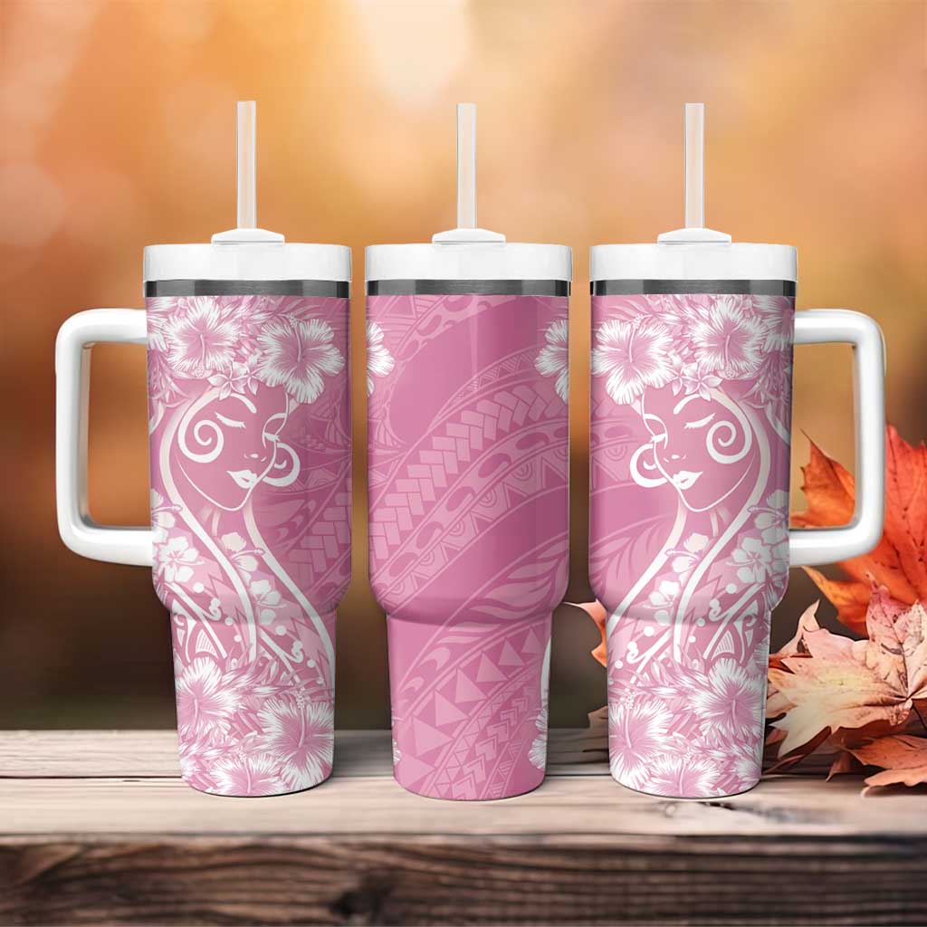 Polynesian Women's Day Tumbler With Handle Pink Hibiscus Flowers With Polynesian Pattern