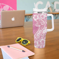 Polynesian Women's Day Tumbler With Handle Pink Hibiscus Flowers With Polynesian Pattern