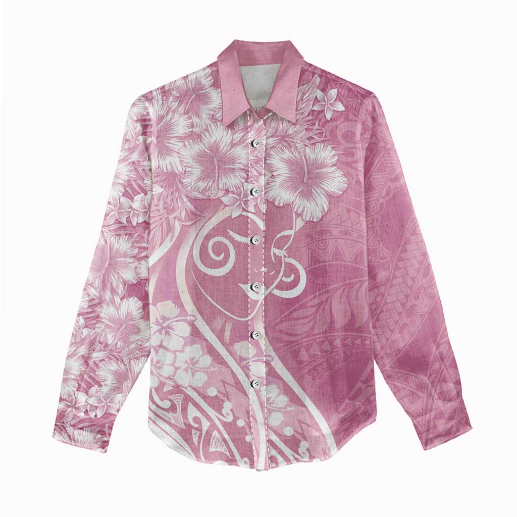 Polynesian Women's Day Women Casual Shirt Pink Hibiscus Flowers With Polynesian Pattern