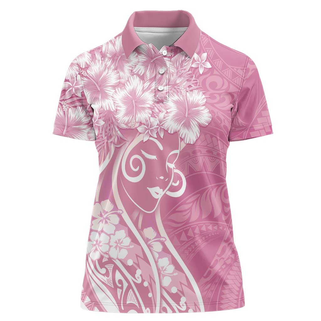 Polynesian Women's Day Women Polo Shirt Pink Hibiscus Flowers With Polynesian Pattern