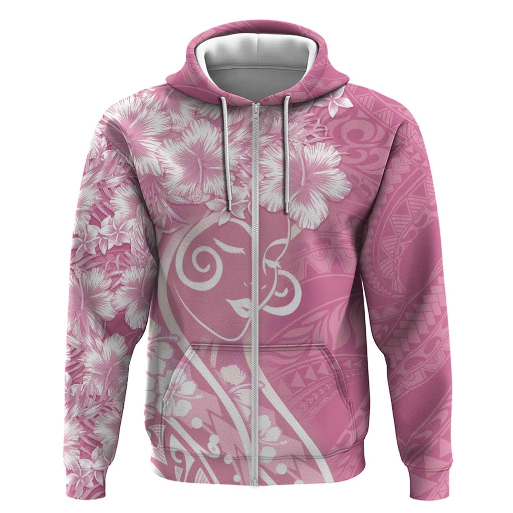 Polynesian Women's Day Zip Hoodie Pink Hibiscus Flowers With Polynesian Pattern