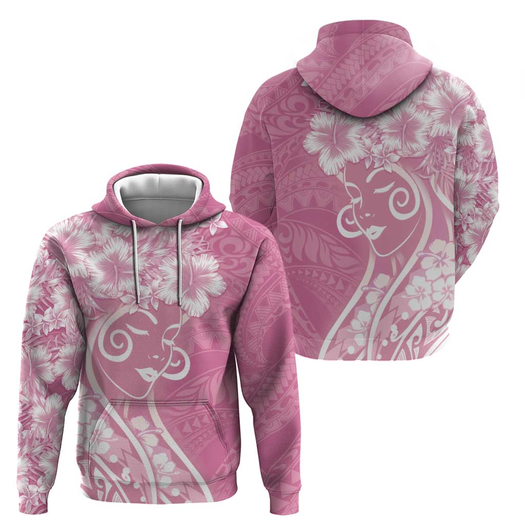 Polynesian Women's Day Zip Hoodie Pink Hibiscus Flowers With Polynesian Pattern