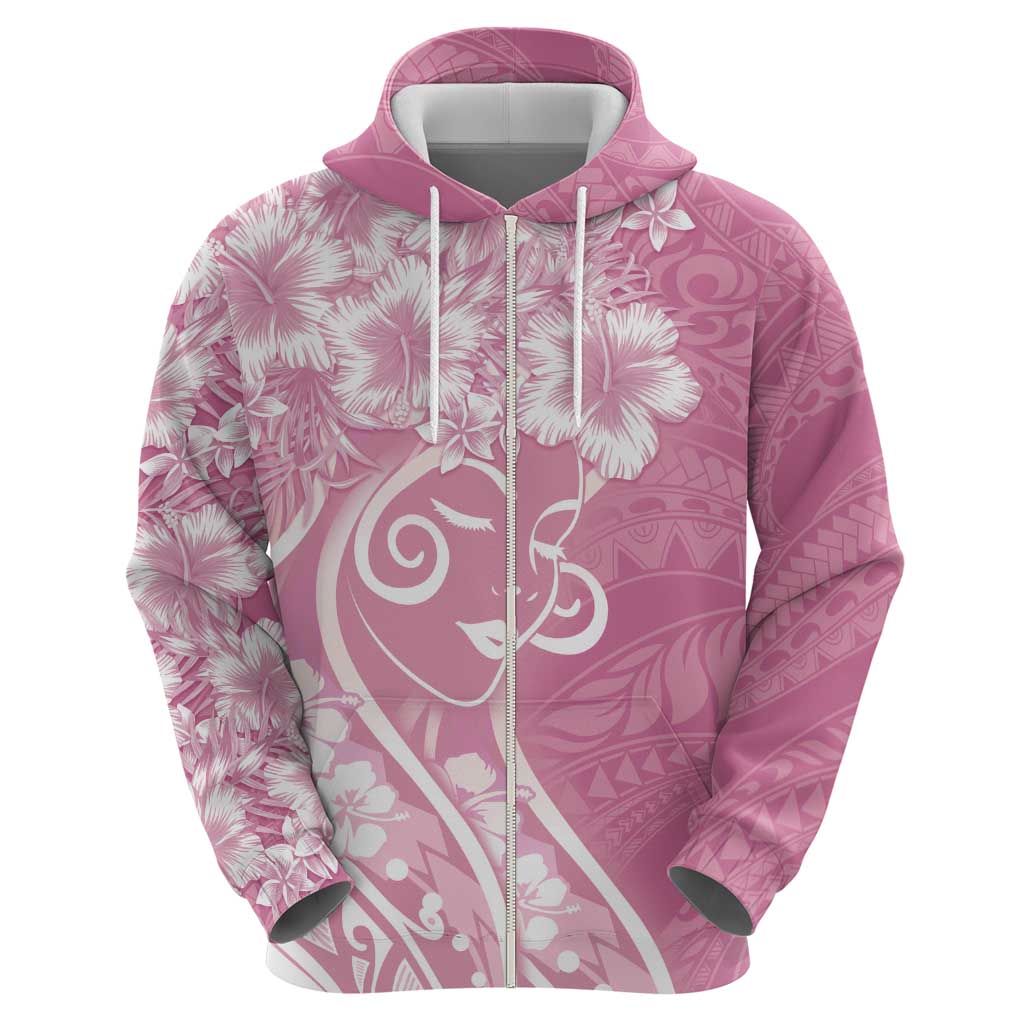 Polynesian Women's Day Zip Hoodie Pink Hibiscus Flowers With Polynesian Pattern