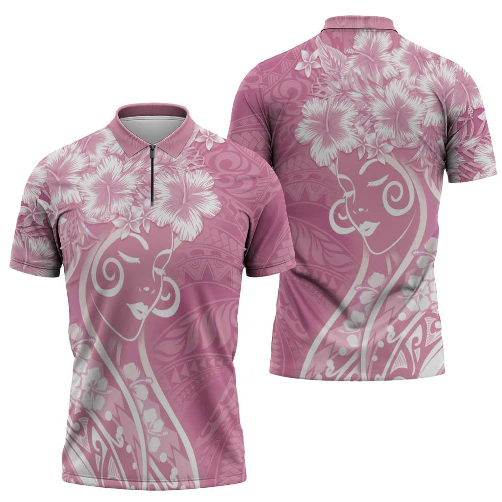 Polynesian Women's Day Zipper Polo Shirt Pink Hibiscus Flowers With Polynesian Pattern
