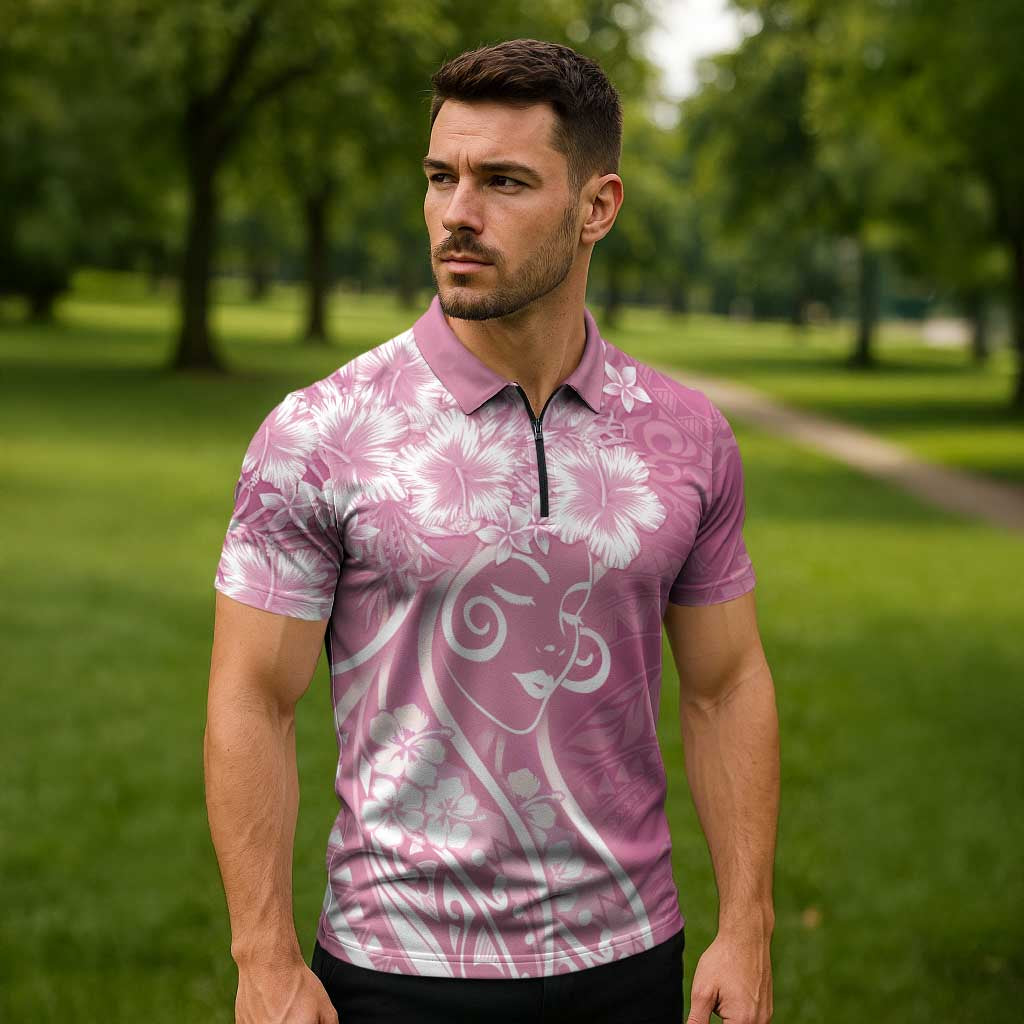 Polynesian Women's Day Zipper Polo Shirt Pink Hibiscus Flowers With Polynesian Pattern