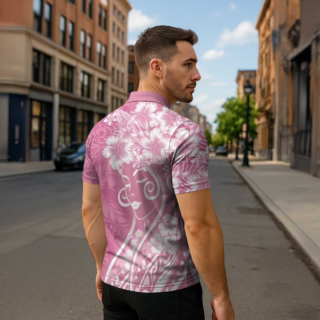 Polynesian Women's Day Zipper Polo Shirt Pink Hibiscus Flowers With Polynesian Pattern