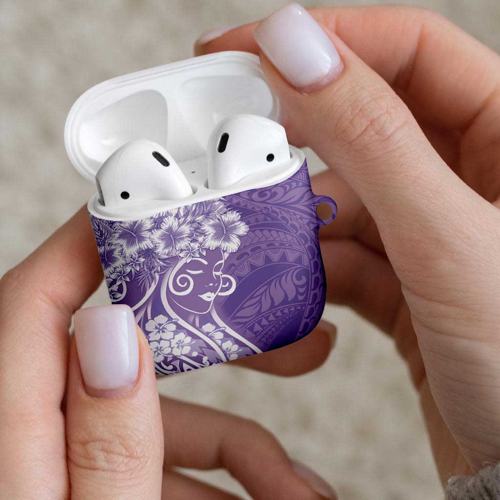 Polynesian Women's Day AirPods Case Purple Hibiscus Flowers With Polynesian Pattern