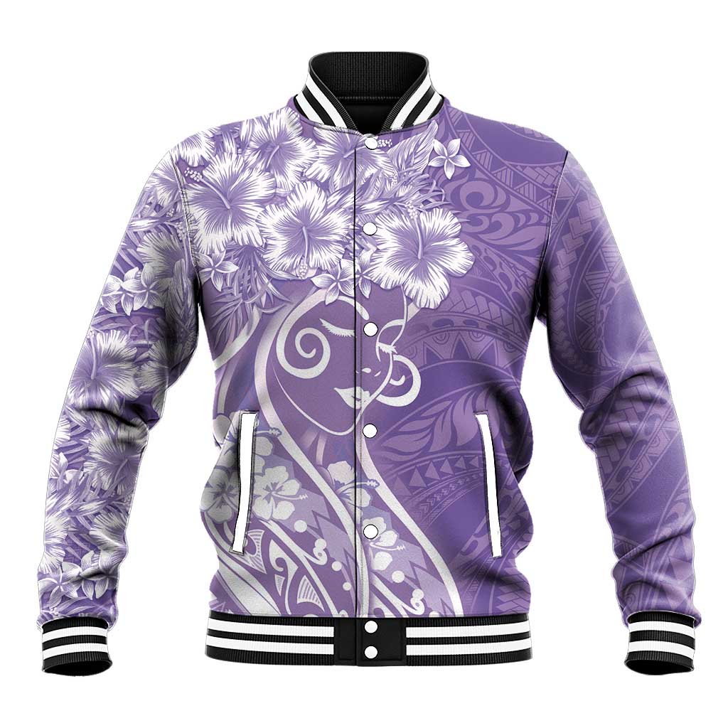 Polynesian Women's Day Baseball Jacket Purple Hibiscus Flowers With Polynesian Pattern