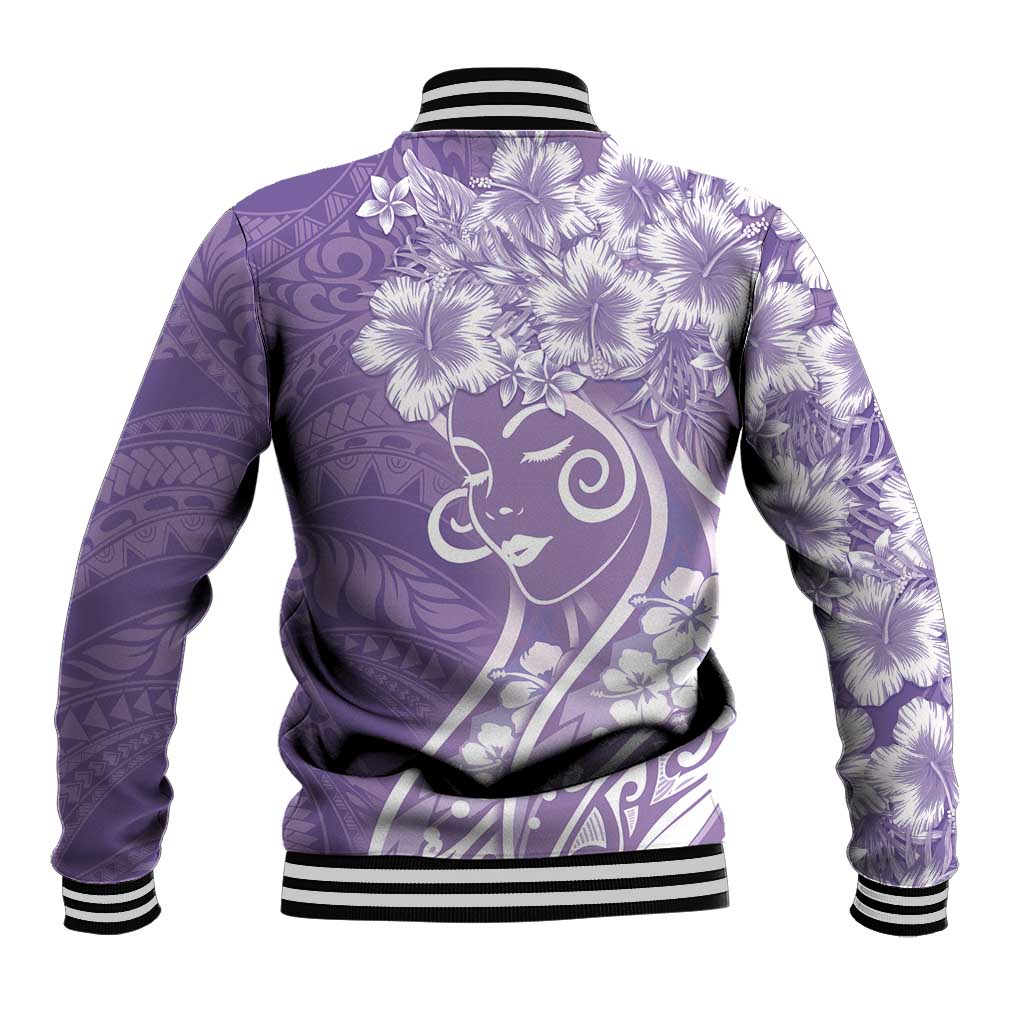 Polynesian Women's Day Baseball Jacket Purple Hibiscus Flowers With Polynesian Pattern