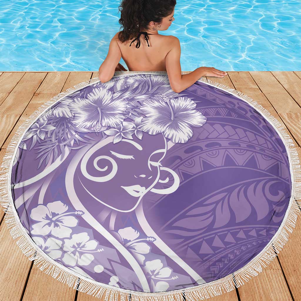 Polynesian Women's Day Beach Blanket Purple Hibiscus Flowers With Polynesian Pattern