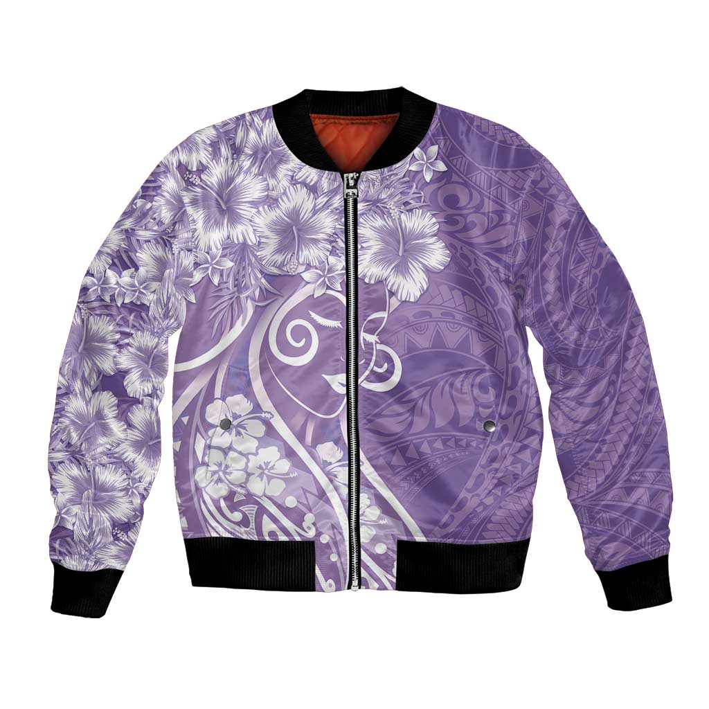 Polynesian Women's Day Bomber Jacket Purple Hibiscus Flowers With Polynesian Pattern
