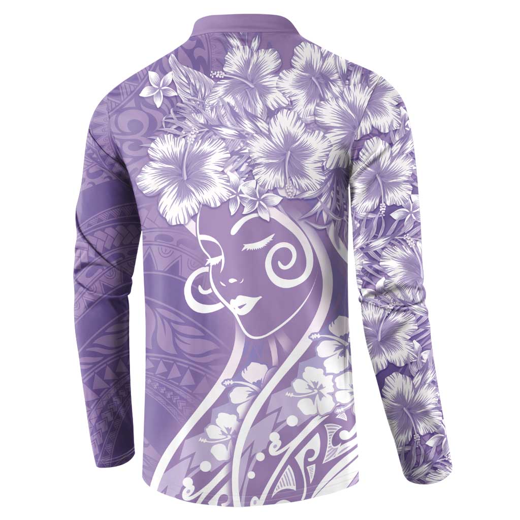Polynesian Women's Day Button Sweatshirt Purple Hibiscus Flowers With Polynesian Pattern