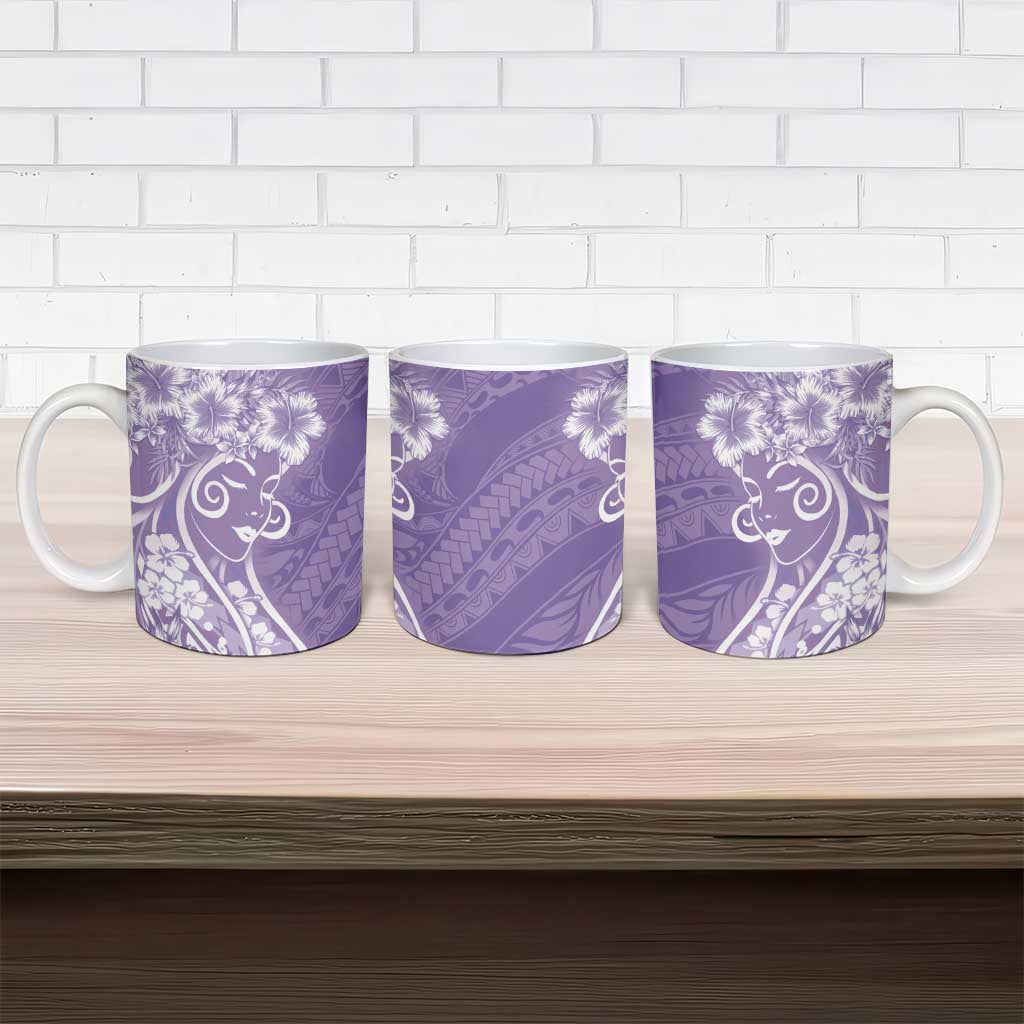 Polynesian Women's Day Ceramic Mug Purple Hibiscus Flowers With Polynesian Pattern