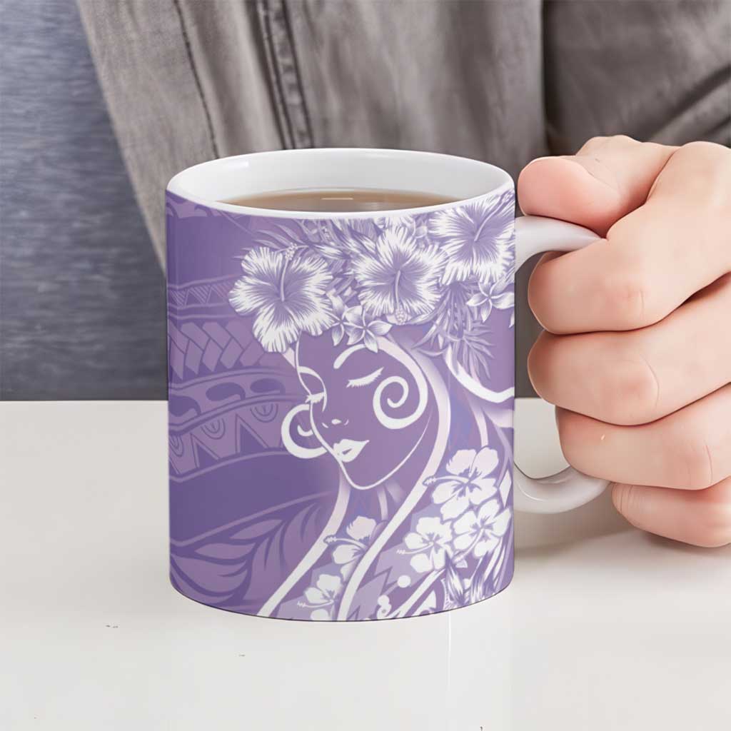 Polynesian Women's Day Ceramic Mug Purple Hibiscus Flowers With Polynesian Pattern