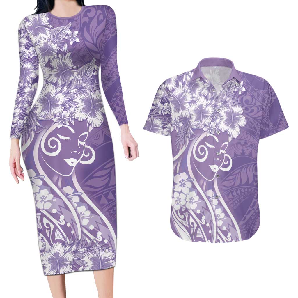 Polynesian Women's Day Couples Matching Long Sleeve Bodycon Dress and Hawaiian Shirt Purple Hibiscus Flowers With Polynesian Pattern LT05 Purple - Polynesian Pride