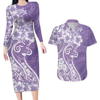 Polynesian Women's Day Couples Matching Long Sleeve Bodycon Dress and Hawaiian Shirt Purple Hibiscus Flowers With Polynesian Pattern LT05 Purple - Polynesian Pride