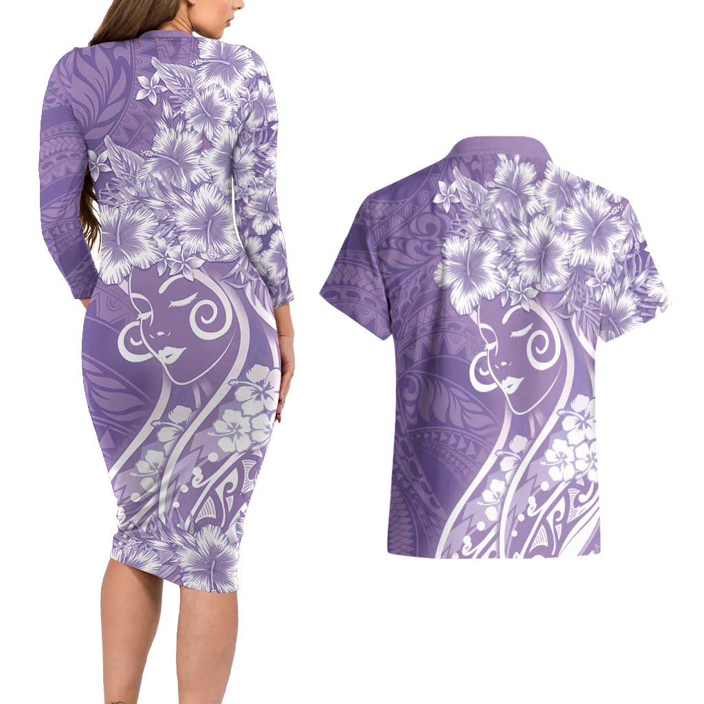 Polynesian Women's Day Couples Matching Long Sleeve Bodycon Dress and Hawaiian Shirt Purple Hibiscus Flowers With Polynesian Pattern LT05 - Polynesian Pride