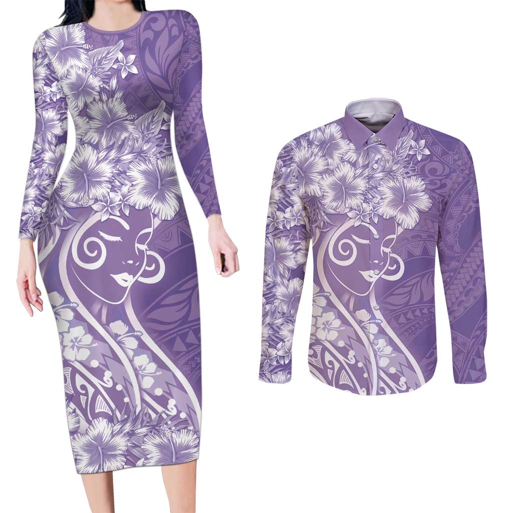 Polynesian Women's Day Couples Matching Long Sleeve Bodycon Dress and Long Sleeve Button Shirt Purple Hibiscus Flowers With Polynesian Pattern