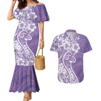 Polynesian Women's Day Couples Matching Mermaid Dress and Hawaiian Shirt Purple Hibiscus Flowers With Polynesian Pattern