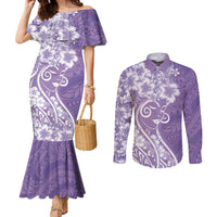 Polynesian Women's Day Couples Matching Mermaid Dress and Long Sleeve Button Shirt Purple Hibiscus Flowers With Polynesian Pattern