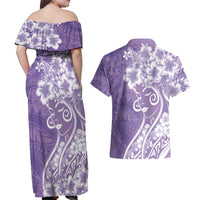 Polynesian Women's Day Couples Matching Off Shoulder Maxi Dress and Hawaiian Shirt Purple Hibiscus Flowers With Polynesian Pattern