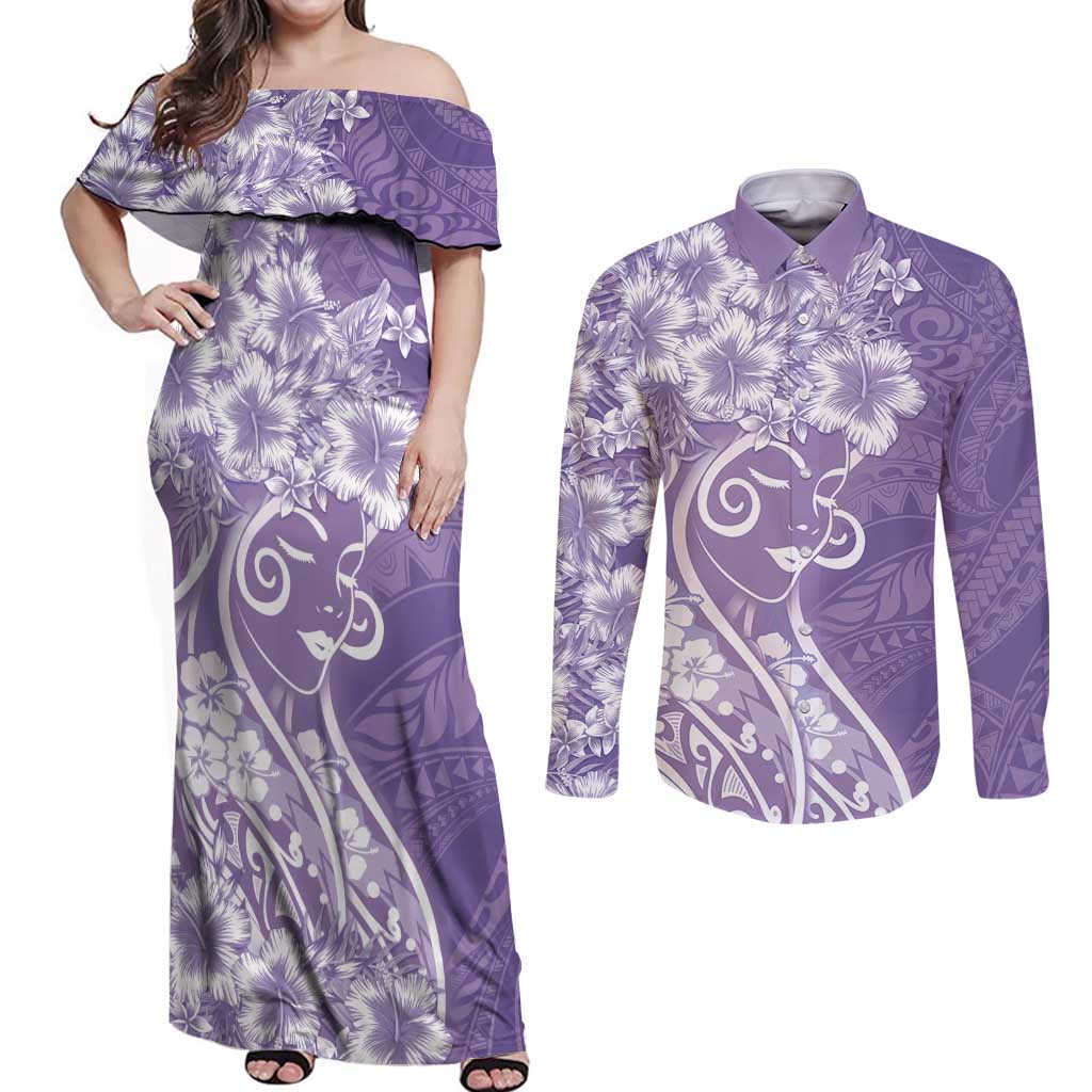Polynesian Women's Day Couples Matching Off Shoulder Maxi Dress and Long Sleeve Button Shirt Purple Hibiscus Flowers With Polynesian Pattern