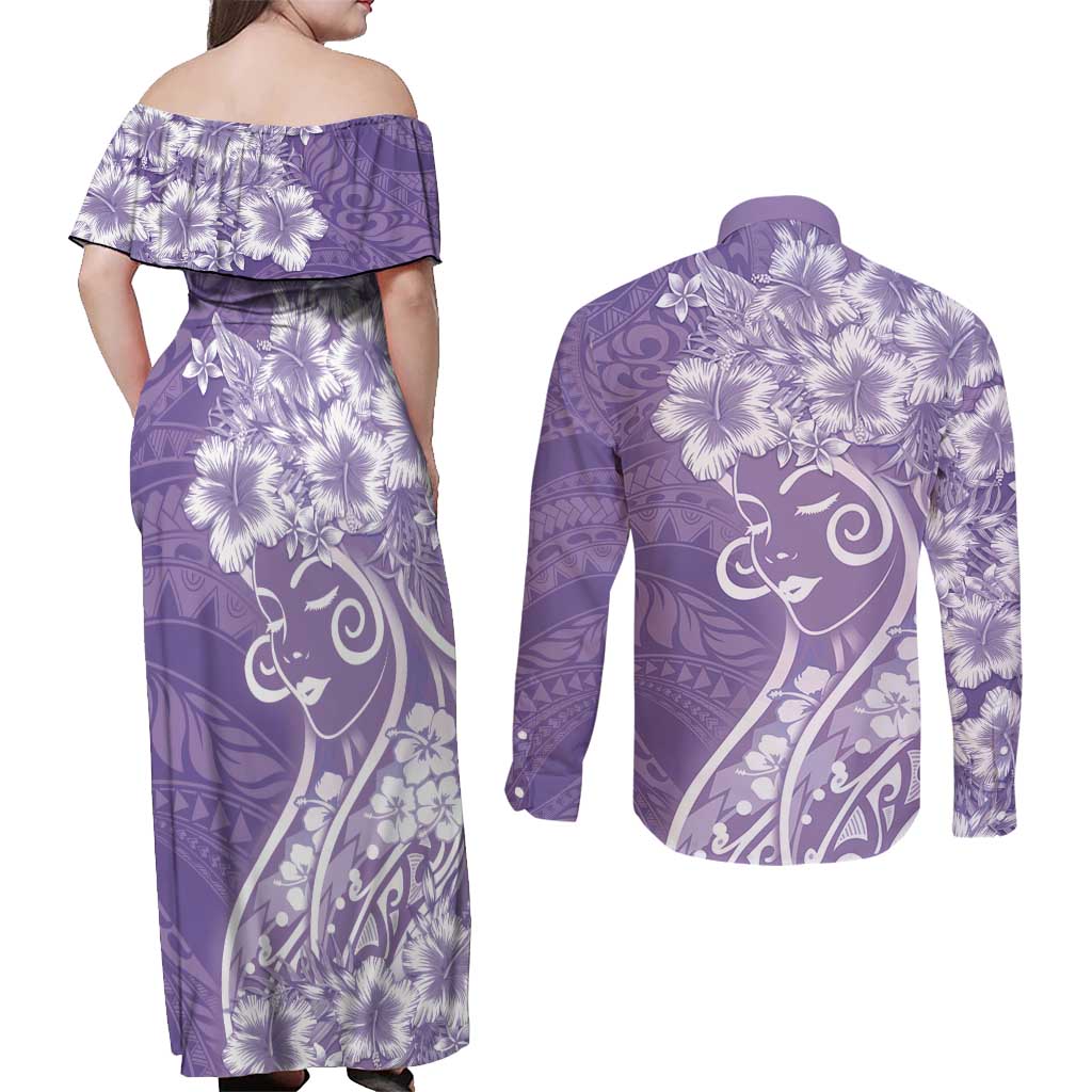 Polynesian Women's Day Couples Matching Off Shoulder Maxi Dress and Long Sleeve Button Shirt Purple Hibiscus Flowers With Polynesian Pattern