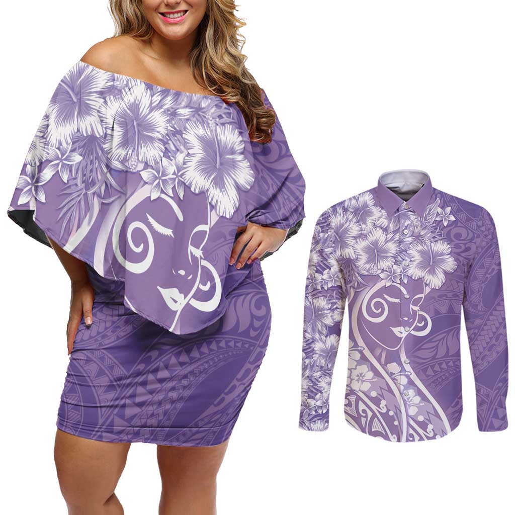 Polynesian Women's Day Couples Matching Off Shoulder Short Dress and Long Sleeve Button Shirt Purple Hibiscus Flowers With Polynesian Pattern