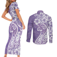 Polynesian Women's Day Couples Matching Short Sleeve Bodycon Dress and Long Sleeve Button Shirt Purple Hibiscus Flowers With Polynesian Pattern