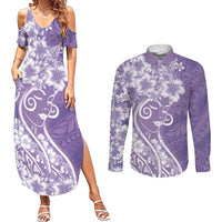 Polynesian Women's Day Couples Matching Summer Maxi Dress and Long Sleeve Button Shirt Purple Hibiscus Flowers With Polynesian Pattern