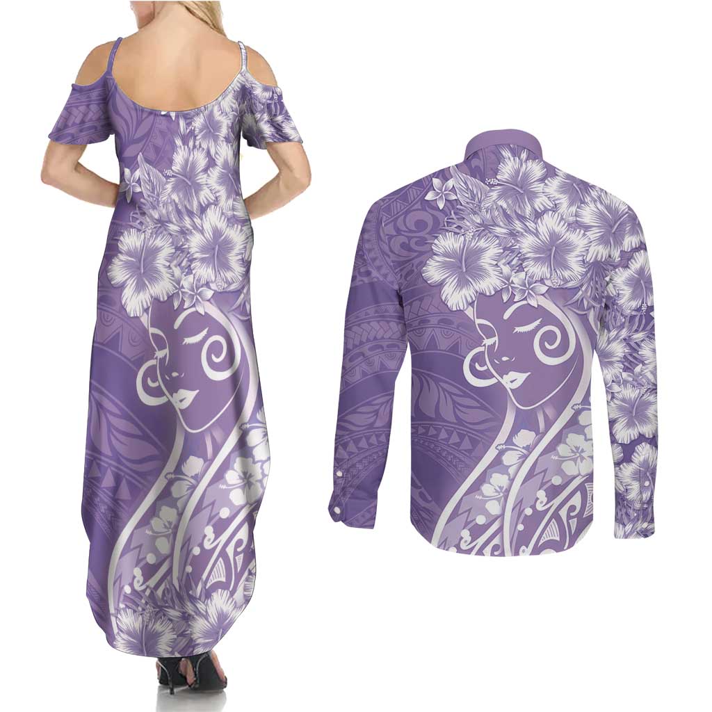Polynesian Women's Day Couples Matching Summer Maxi Dress and Long Sleeve Button Shirt Purple Hibiscus Flowers With Polynesian Pattern