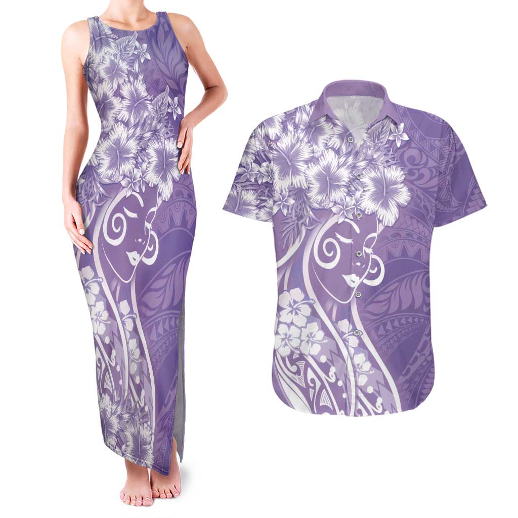 Polynesian Women's Day Couples Matching Tank Maxi Dress and Hawaiian Shirt Purple Hibiscus Flowers With Polynesian Pattern