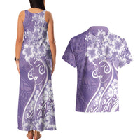 Polynesian Women's Day Couples Matching Tank Maxi Dress and Hawaiian Shirt Purple Hibiscus Flowers With Polynesian Pattern
