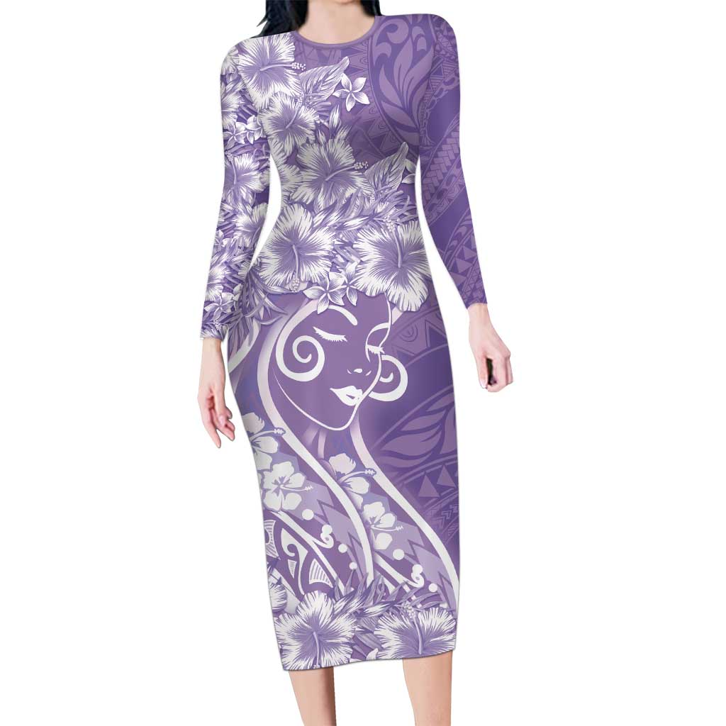Polynesian Women's Day Family Matching Long Sleeve Bodycon Dress and Hawaiian Shirt Purple Hibiscus Flowers With Polynesian Pattern LT05 Mom's Dress Purple - Polynesian Pride