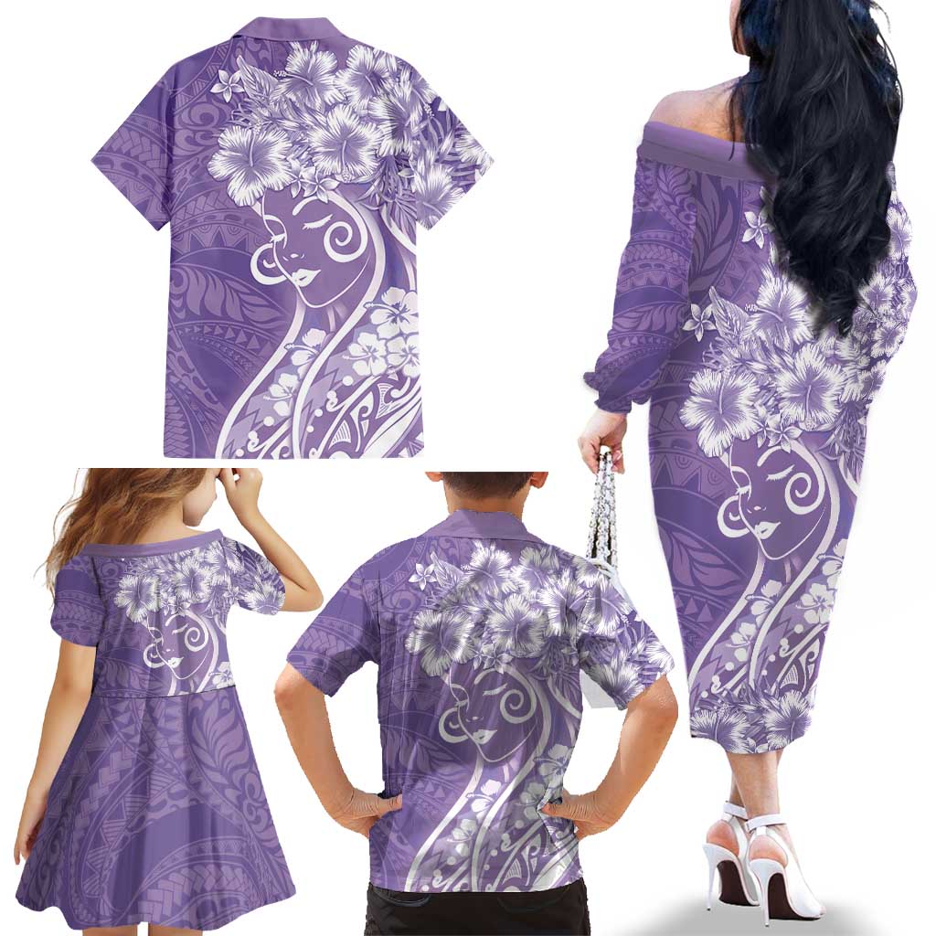 Polynesian Women's Day Family Matching Off The Shoulder Long Sleeve Dress and Hawaiian Shirt Purple Hibiscus Flowers With Polynesian Pattern LT05 - Polynesian Pride