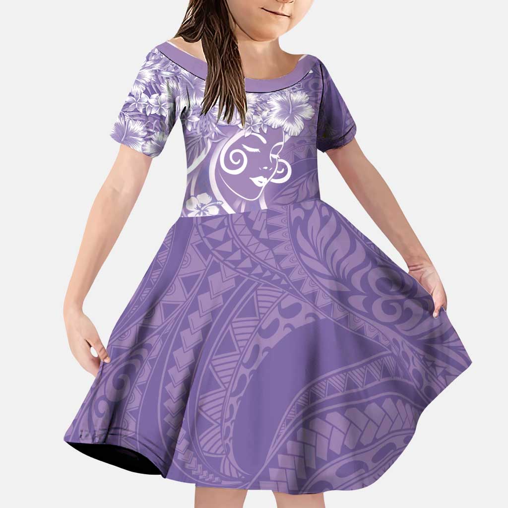 Polynesian Women's Day Family Matching Off Shoulder Short Dress and Hawaiian Shirt Purple Hibiscus Flowers With Polynesian Pattern LT05 Daughter's Dress Purple - Polynesian Pride